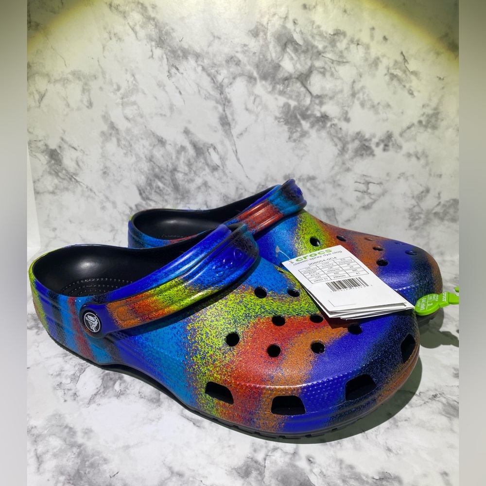 New Men’s Classic Spray Dye Clogs by CROCS- Size 10- Multi Colored- NWT